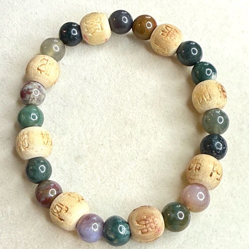 Natural Stone & Carved Wood Bead Bracelet – Stretch Fit – Boho Zen Style – Mixed